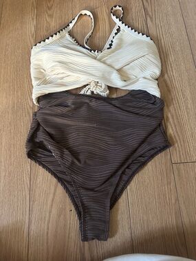 Cream and Brown One-Piece Swimsuit